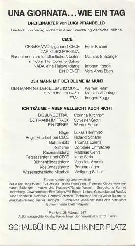 Schaubühne am Lehniner Platz: Programmheft Luigi Pirandello UNA GIORNATA  WIE EIN TAG Premiere 26. Februar 1987 Spielzeit 1986 / 87 (18). 