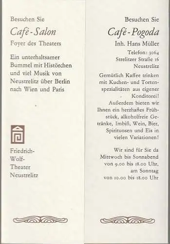 Friedrich-Wolf-Theater Neustrelitz/Mecklenburg, Im Auftrag der Intendanz, Ulrike Pörner, Klaus Weindich: Programmheft CAFE- SALON TIF Theater im Foyer Programmheft Nr. 18  1990 (18). 