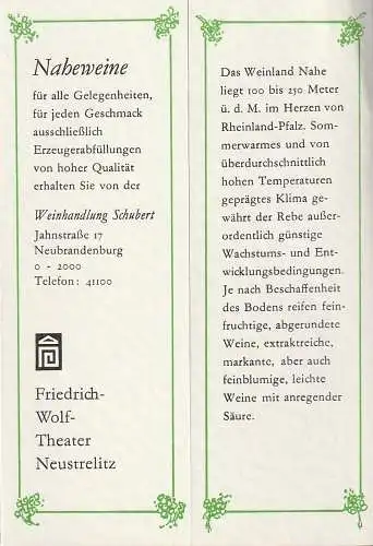 Friedrich-Wolf-Theater Neustrelitz/Mecklenburg, Im Auftrag der Intendanz, Michael Giebler, Klaus Weindisch: Programmheft WEIN, WEIB UND GESANG  TIF Theater im Foyer Programmheft Nr. 24  1990 (18). 
