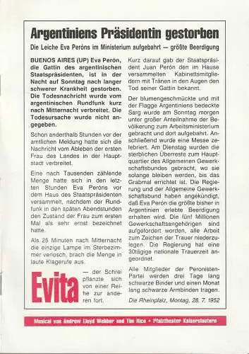 Pfalztheater Kaiserslautern, Wolfgang Blum, Catja Riemann, Karlheinz Weinmann ( Inszenierungsfotos ): Programmheft Andrew Lloyd Webber EVITA Premiere 26. September 1987 Spielzeit 1987 / 88 Heft 2 (18). 