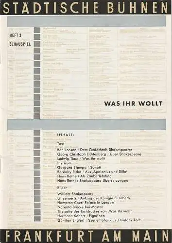 Städtische Bühnen Frankfurt am Main,  Harry Buckwitz, Günter Skopnik, Rudi Seitz: Programmheft William Shakespeare WAS IHR WOLLT Spielzeit 1954 / 55 Heft 3 (18). 