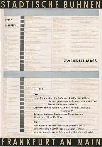Städtische Bühnen Frankfurt am Main,  Harry Buckwitz, Günter Skopnik, Rudi Seitz: Programmheft Wiiliam Shakespeare ZWEIERLEI MASS Spielzeit 1955 / 56 Heft 3 (18). 