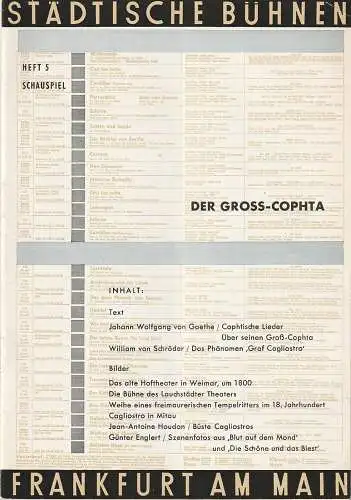 Städtische Bühnen Frankfurt am Main,  Harry Buckwitz, Günter Skopnik, Rudi Seitz: Programmheft Johann Wolfgang von Goethe DER GROSS-COPHTA Spielzeit 1955 / 56 Heft 5 (18). 
