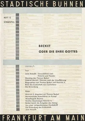 Städtische Bühnen Frankfurt am Main,  Harry Buckwitz, Helmut Krapp, Otfried Büthe, Rudi Seitz: Programmheft Jean Anouilh BECKET ODER DIE EHRE GOTTES  Spielzeit 1960 / 61 Heft 12 (18). 