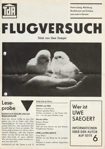 Theater der Altmark Stendal, Ulrich Hammer, Winfreid Marquardt: Programmheft Uwe Saeger FLUGVERSUCHE Spielzeit 1984 / 85 Heft 15 (18). 