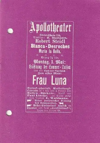 Theater Rudolstadt, Manfred Heine, Marita Bahr: Programmheft Paul Lincke FRAU LUNA Spielzeit 1986 / 87 Heft Nr. 6 (18). 