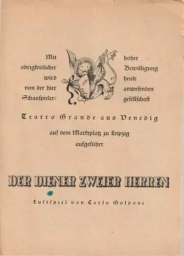 Städtische Theater Leipzig, Ferdinand May, Günter Kaltofen: Programmheft  Carlo Goldoni DER DIENER ZWEIER HERREN Marktplatz zu Leipzig TEATRO GRANDE AUS VENEDIG 1954 (18). 
