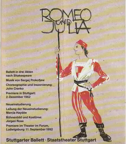 Staatstheater Stuttgart, Hans Tränkle, Stuttgarter Ballett, Jürgen Rose, Gundel Kilian ( Probenfotos ), Rainer Woihsyk: Programmheft STUTTGARTER BALLETT ROMEO UND JULIA nach Shakespeare 17. Dezember 1992 Spielzeit 1992 / 93 (18). 