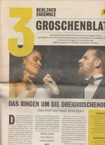 Berliner Ensemble, Oliver Reese, Sibylle Baschung, Nirgit Kern, Jörg Brüggemann / Julian Röder ( Fotos ): Programmheft GROSCHENBLATT 3 Brecht / Weill DIE DREIGOSCHENOPER Premiere 13. August 2021 Großes Haus Spielzeit 2021 / 22 (18). 