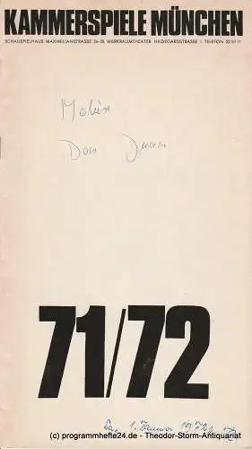 Kammerspiele München, Schauspielhaus, August Everding, Yvonne Sturzenegger, Maria Reinhard, Wolfgang Zimmermann: Programmheft Moliere DON JUAN Spielzeit 1971 / 72 Heft 1 (18). 