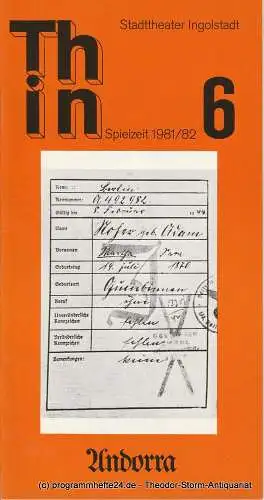 Stadttheater Ingolstadt, Ernst Seiltgen, Lenz Prütting: Programmheft ANDORRA von Max Frisch. Premiere 25.3.1982 Spielzeit 1981 / 82 (18). 