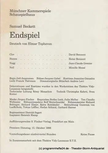 Münchner Kammerspiele, Dieter Dorn, Michael Huthmann, Laura Olivi, Marc Gegenfurther: Programmheft ENDSPIEL von Samuel Beckett Premiere 15. Oktober 1996 Spielzeit 1996 / 97 Heft 2 (18). 