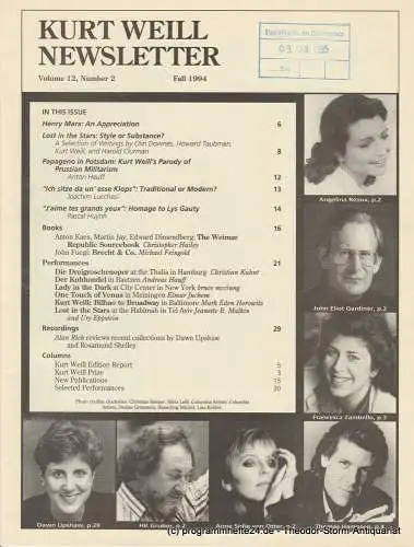 Kurt Weill Foundation, David Farneth, Mario R. Mercado: Kurt Weill Newsletter Volume 12, Number 2 Fall 1994 (18). 