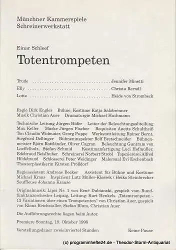 Münchner Kammerspiele, Dieter Dorn, Michael Huthmann, Ursula Honisch: Programmheft TOTENTROMPETEN von Einar Schleef. Premiere 18.10.1998 Schreinerwerkstatt Heft 2 (18). 