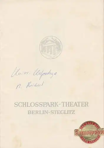 Schlosspark Theater Berlin, Boleslaw Barlog, Albert Beßler: Programmheft Kolportage von Georg Kaiser Spielzeit 1953 / 54 Heft 23 (18). 