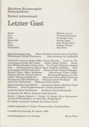 Münchner Kammerspiele, Dieter Dorn, Michael Huthmann, Undine Damköhler: Programmheft Letzter Gast von Herbert Achternbusch. Premiere 28. Januar 1996. Spielzeit 1995 / 96 Heft 3 (18). 
