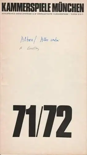 Kammerspiele München, August Everding, Wolfgang Zimmermann, Yvonne Sturzenegger, Jens Pesel: Programmheft Edward Albee: Alles vorbei. Premiere 5. Januar 1972 Spielzeit 1971 / 72 Heft 2 (18). 