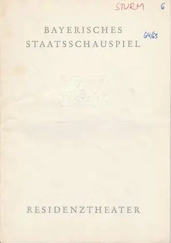 Bayerisches Staatsschauspiel, Residenztheater, Helmut Henrichs, Gerhard Reuter: Programmheft DER STURM von William Shakespeare. Premiere 7. April 1965 Spielzeit 1964 / 65 Heft 6 (18). 