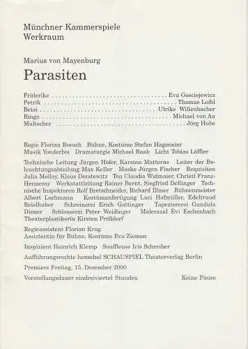 Münchner Kammerspiele, Dieter Dorn, Michael Raab, Georg Holzer: Programmheft PARASITEN von Marius von Mayenburg. Premiere 15. Dezember 2000 Spielzeit 2000 / 2001 Heft 4 (18). 