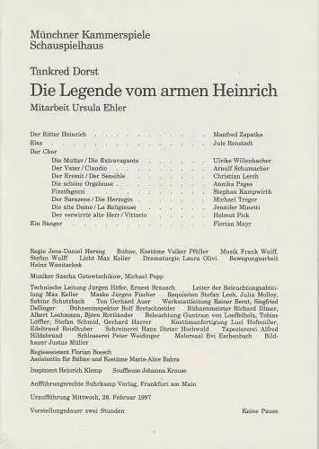 Münchner Kammerspiele, Dieter Dorn, Michael Huthmann, Laura Olivi, Undine Damköhler: Programmheft Die Legende vom armen Heinrich. Premiere 26. Februar 1997 Spielzeit 1996 / 97 Heft 4 (18). 