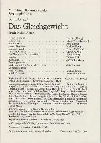Münchner Kammerspiele, Dieter Dorn, Michael Huthmann, Michael Raab, Marc Gegenfurtner: Programmheft Das Gleichgewicht von Botho Strauß. Premiere 3. Oktober 1996 Spielzeit 1996 / 97 Heft 1 (18). 