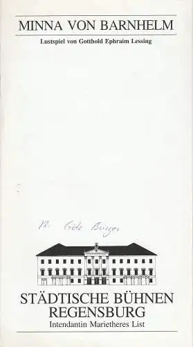 Städtische Bühnen Regensburg, Marietheres List, Christa-Renate Thutewohl: Programmheft Minna von Barnhelm. Lustspiel von Gotthold Ephraim Lessing Premiere 13. April 1996 Spielzeit 1995 / 96 Heft 13 (18). 