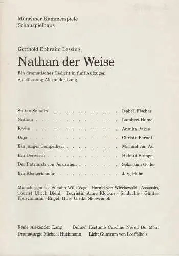Münchner Kammerspiele Schauspielhaus, Dieter Dorn, Michael Huthmann, Wolfgang Zimmermann: Programmheft Nathan der Weise von Gotthold Ephraim Lessing. Premiere 18. Dezember 1994. Spielzeit 1994 / 95 Heft 2 (18). 