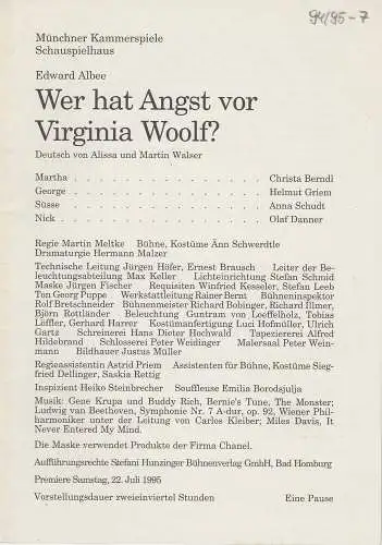 Münchner Kammerspiele, Dieter Dorn, Michael Huthmann, Hermann Malzer, Marc Gegenfurtner, Wolfgang Zimmermann: Programmheft Wer hat Angst vor Virginia Woolf ? Premiere 22. Juli 1995 Schauspielhaus Spielzeit 1994 / 95 Heft 7 (18). 