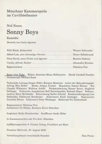 Münchner Kammerspiele, Dieter Dorn, Michael Raab: Programmheft Sonny Boys. Komödie von Neil Simon. Premiere 30. August 2000 Cuvilliestheater Spielzeit 2000 / 2001 Heft 1 (18). 