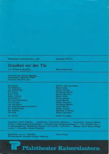 Pfalztheater Kaiserslautern, Wolfgang Blum, Peter Back-Vega: Programmheft Draußen vor der Tür von Wolfgang Borchert Spielzeit 1978 / 79 Heft 8 kik (18). 