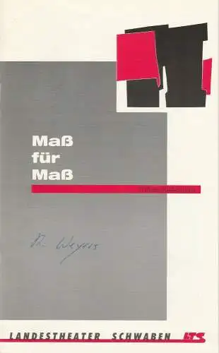 Landestheater Schwaben LTS, Norbert Hilchenbach, Peter Czerepak: Programmheft Maß für Maß von William Shakespeare. Premiere 19. September 1992 Spielzeit 1992 / 93 Heft 1 (18). 