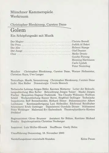 Münchner Kammerspiele, Dieter Dorn, Ursula Honisch, Georg Holzer: Programmheft Uraufführung GOLEM von Christopher Blenkinsop und Carsten Dane 16. November 2000 Spielzeit 2000 / 2001 Werkraum Heft 3 (18). 