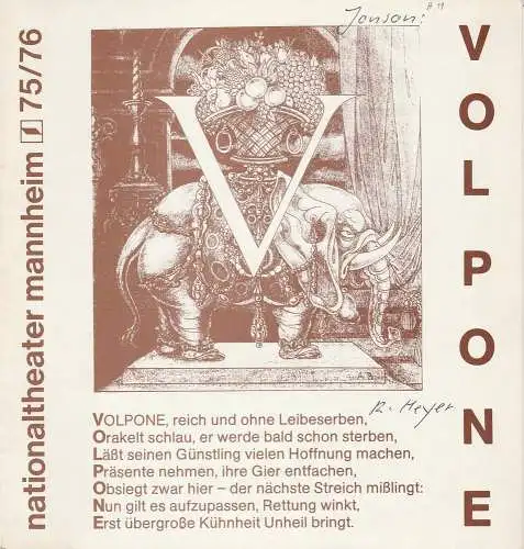 Nationaltheater Mannheim, Klaus Pierwoß: Programmheft VOLPONE. Komödie von Ben Jonson. Spielzeit 1975 / 76 Nr. 19 (18). 