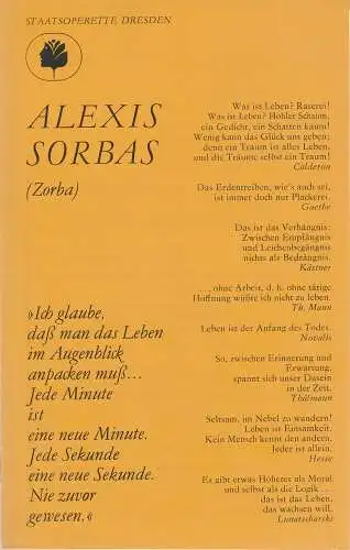 Staatsoperette Dresden, Reinhold Stövesand, Peter Gunold, Ekkehard Walter: Programmheft ALEXIS SORBAS. Zorba. Musical Premiere 22. und 23. 5 1988 Spielzeit 1987 / 88 Heft 4 (18). 