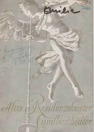 Bayerisches Staatsschauspiel, Helmut Henrichs, Wolfgang Kirchner: Programmheft Lessing EMILIA GALOTTI Premiere 25. Oktober 1961 Altes Residenztheater Cuvillies-Theater Spielzeit 1961 / 62 (18). 
