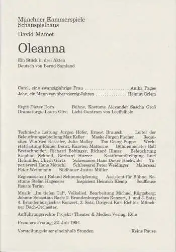 Münchner Kammerspiele, Schauspielhaus, Dieter Dorn, Michael Huthmann, Laura Olivi, Bettina Conrad, Wolfgang Zimmermann: Programmheft Oleanna. Stück von David Mamet. Premiere 22. Juli 1994 Schauspielhaus Spielzeit 1993 / 94 Heft 6 (18). 