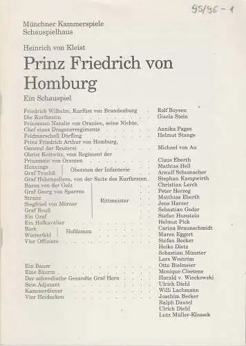 Münchner Kammerspiele, Schauspielhaus, Dieter Dorn, Michael Huthmann, Hans-Joachim Ruckhäberle: Programmheft Prinz Friedrich von Homburg von Heinrich von Kleist. Premiere 1. Oktober 1995 Schauspielhaus Spielzeit 1995 / 96 Heft 1 (18). 