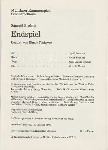 Münchner Kammerspiele, Dieter Dorn, Michael Huthmann, Laura Olivi, Marc Gegenfurther: Programmheft ENDSPIEL von Samuel Beckett Premiere 15. Oktober 1996 Schauspielhaus Spielzeit 1996 / 97 Heft 2 (18). 