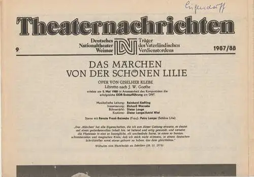 Deutsches Nationaltheater Weimar, Fritz Wendrich, Christine Schild: Theaternachrichten Deutsches Nationaltheater Weimar 9 - 1987 / 88 (18). 