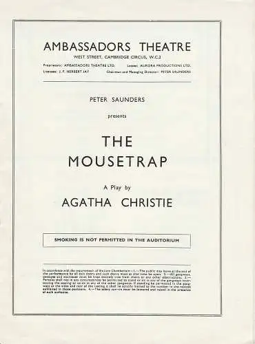 Ambassadors Theatre London, Peter Saunders: Programmheft THE MOUSETRAP. A Play by Agatha Christie (18). 