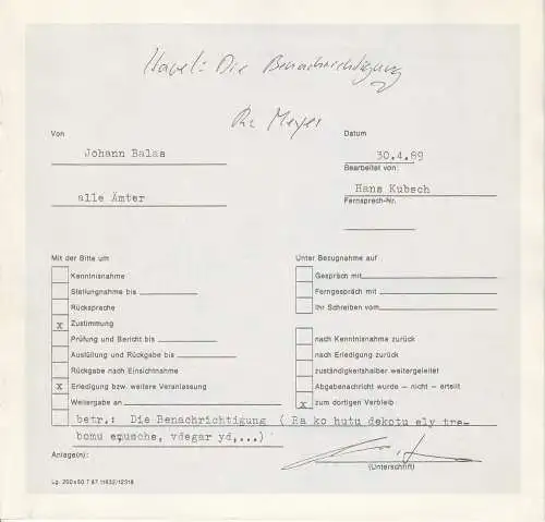 Stadttheater Pforzheim, Manfred Berben, Maria Hilchenbach: Programmheft DIE BENACHRICHTIGUNG. Satirische Komödie von Vaclav Havel. Premiere 30. April 1989 Spielzeit 1988 / 89 Heft 16 (18). 
