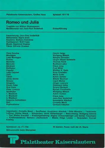 Pfalztheater Kaiserslautern, Wolfgang Blum, Peter back-Vega: Programmheft Romeo und Julia. Tragödie von William Shakespeare. Spielzeit 1977 / 78 Heft 11 (18). 