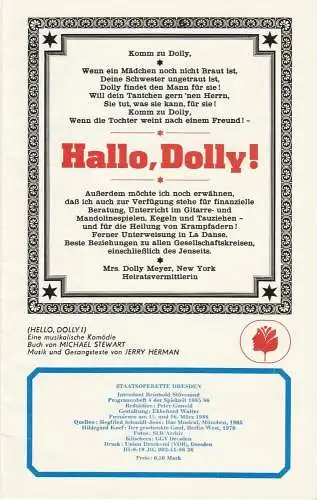 Staatsoperette Dresden, Reinhold Stövesand, Peter Gunold, Ekkehard Walter: Programmheft Jerry Herman: Hallo, Dolly ! ( Hello, Dolly ) Premiere 15. März 1986 Spielzeit 1985 / 86 Heft 4 (18). 
