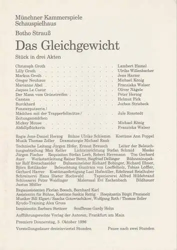 Münchner Kammerspiele, Dieter Dorn, Michael Raab, Marc Gegenfurther: Programmheft Botho Strauß: Das Gleichgewicht  Premiere am 3. Oktober 1996 Schauspielhaus Spielzeit 1998 / 97 Heft 1 (18). 