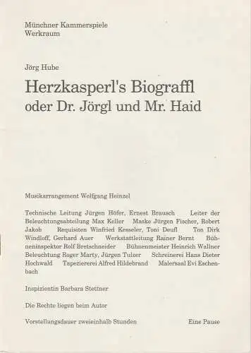Münchner Kammerspiele, Dieter Dorn, Michael Huthmann, Hermann Malzer, Wolfgang Zimmermann: Programmheft Jörg Hube: Herzkasperl´s Biograffl oder Dr. Jörgl und Mr. Haid Premiere 31. Dezember 1994 Spielzeit 1994 / 95 Werkraum Heft 3 (18). 