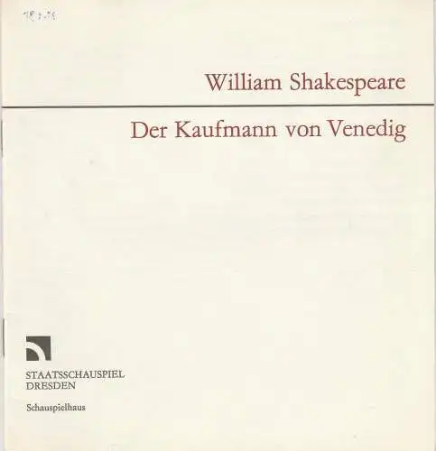 Staatsschauspiel Dresden, Gerhard Wolfram, Gerhard Piens: Programmheft William Shakespeare: DER KAUFMANN VON VENEDIG Premiere 11. Januar 1985 (18). 