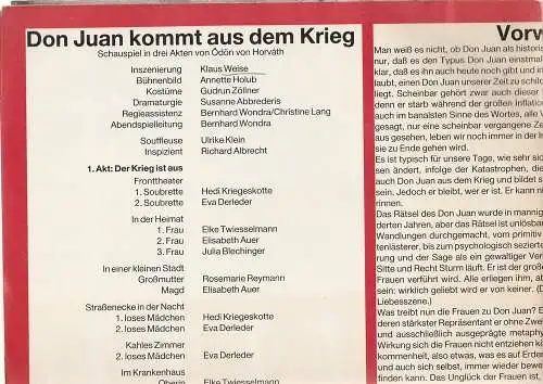 Nationaltheater Mannheim, Arnold Petersen, Susanne Abbrederis, Hans-Jörg Michel: Programmheft DON JUAN KOMMT AUS DEM KRIEG. Schauspiel von Ödön von Horvath. Spielzeit 1985 / 86 Nr. 10 (18). 