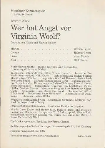 Münchner Kammerspiele, Dieter Dorn, Michael Huthmann, Hermann Malzer, Marc Gegenfurtner, Wolfgang Zimmermann: Programmheft Edward Albee WER HAT ANGST VOR VIRGINIA WOOLF ? Premiere 22. Juli 1995 Schauspielhaus Spielzeit 1994 / 95 Heft 7 (18). 