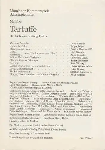 Münchner Kammerspiele, Dieter Dorn, Michael Raab, Hermann Malzer, Undine Damköhler: Programmheft Moliere TARTUFFE Premiere am 9. Dezember 1995 Schauspielhaus Spielzeit 1995 / 96 Heft 2 (18). 