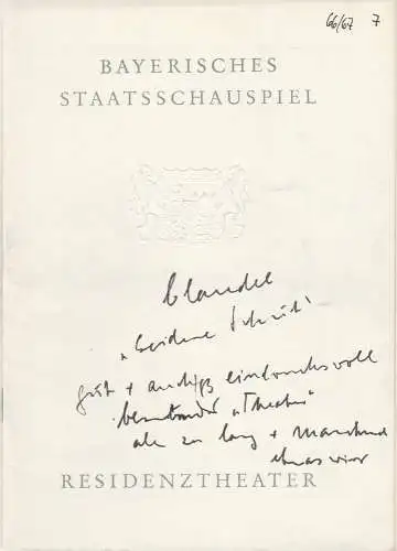 Bayerisches Staatsschauspiel, Helmut Henrichs, Dieter Hackemann: Programmheft Paul Claudel DER SEIDENE SCHUH Premiere 19. Februar 1967 Residenztheater Spielzeit 1966 / 67 (18). 